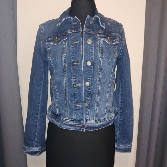 LOFT Jackets & Blazers - LOFT Denim Jacket Classic Blue Wash Distressed Button Front Long Sleeve Women's